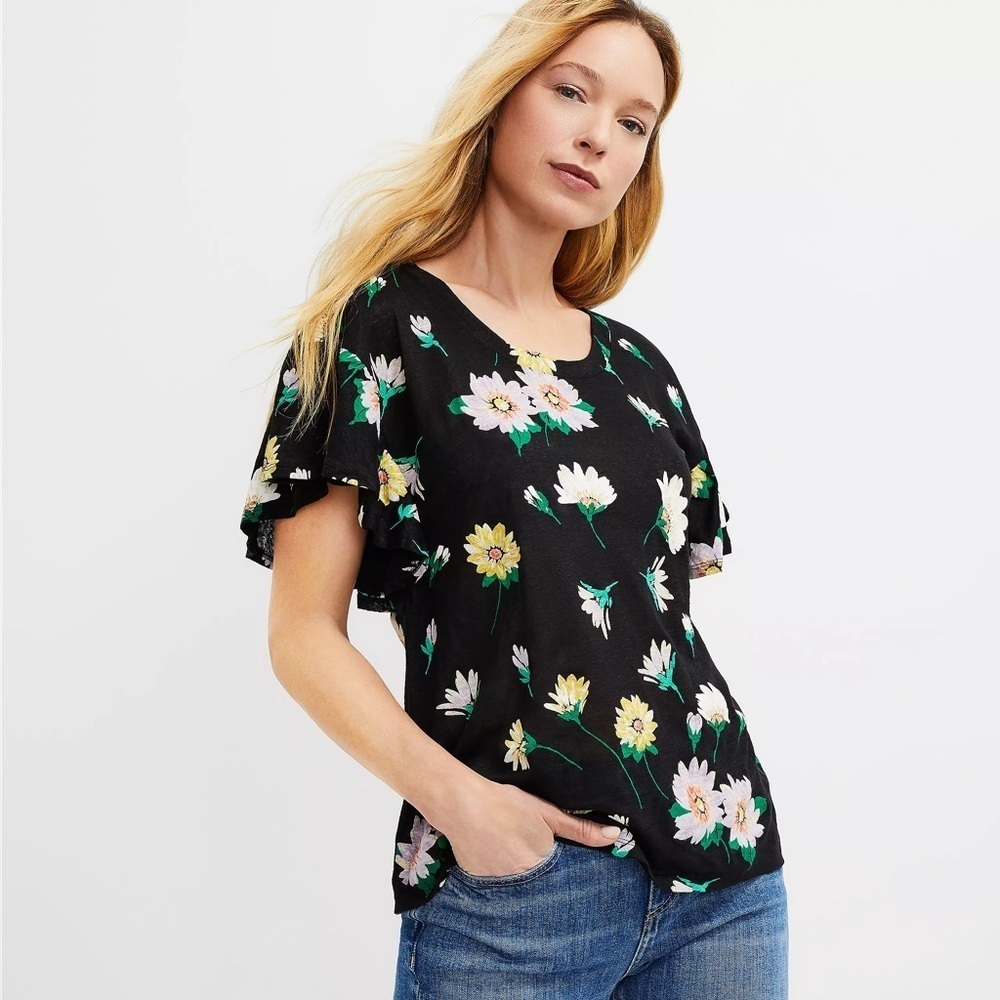 LOFT 100% Linen Black Floral Flutter Wedge Tee Top Womens XL